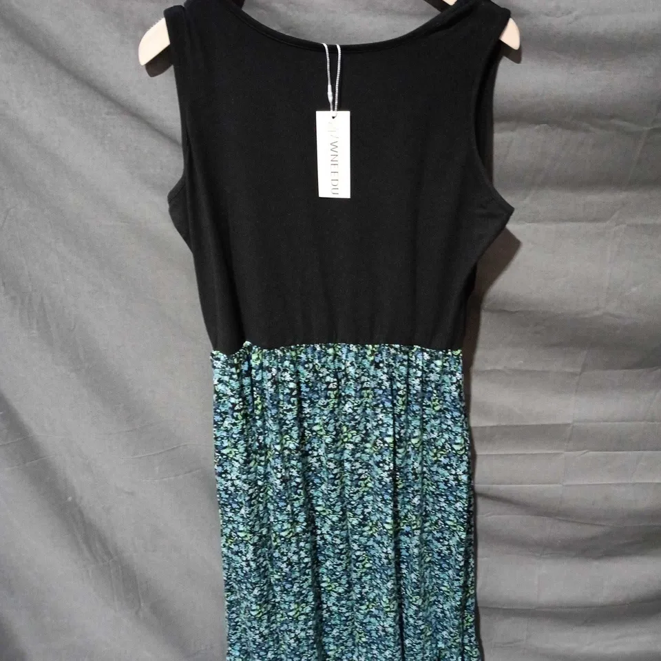 WOMEN'S DRESS WITH BLACK BODICE AND BLUE FLORAL SKIRT – SIZE L WNEEDU BRAND