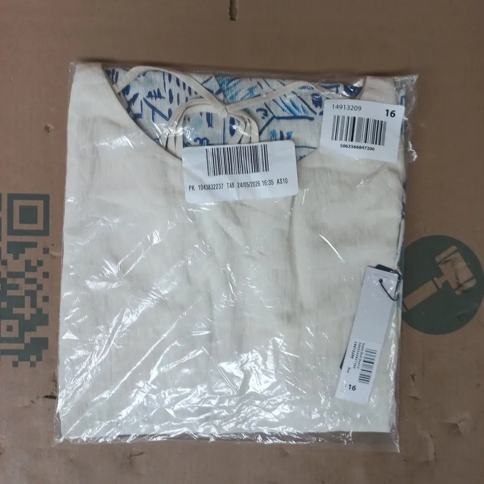 BAGGED ROMAN SCENIC SHIFT SHORT DRESS IN CREAM/BLUE SIZE 16