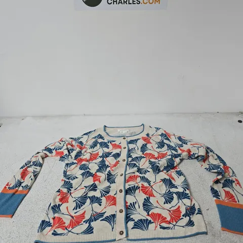 WHITE STUFF WOMEN'S CARDIGAN, CREAM KNIT WITH BLUE FLORAL PRINT, UK 12