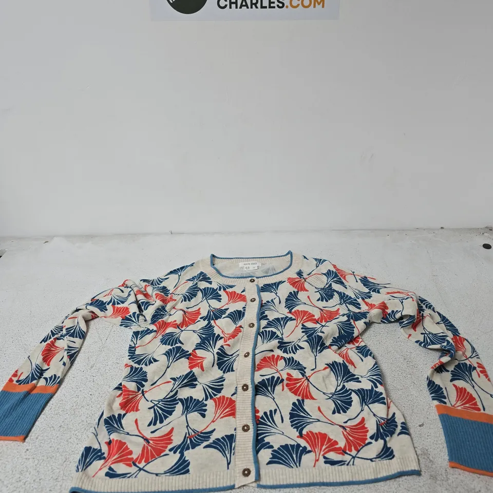 WHITE STUFF WOMEN'S CARDIGAN, CREAM KNIT WITH BLUE FLORAL PRINT, UK 12