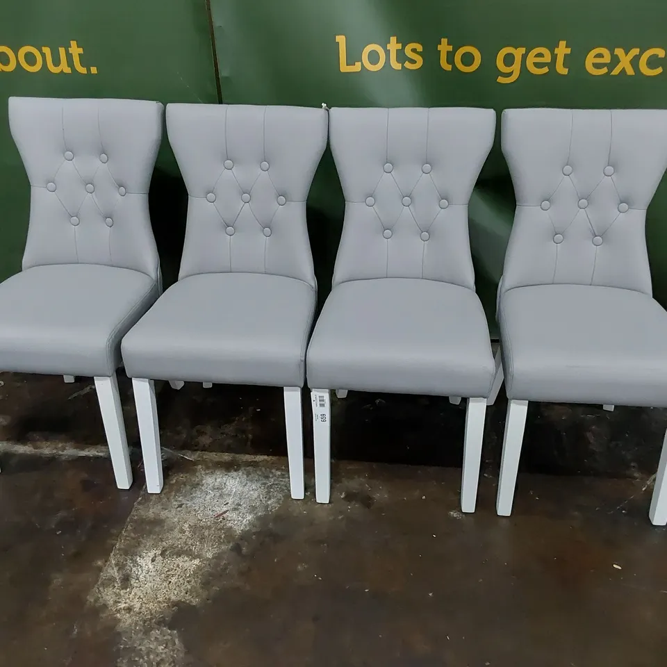 SET OF FOUR DESIGNER UPHOLSTERED BUTTONED BACK DINING CHAIRS GREY PU ON WHITE LEGS
