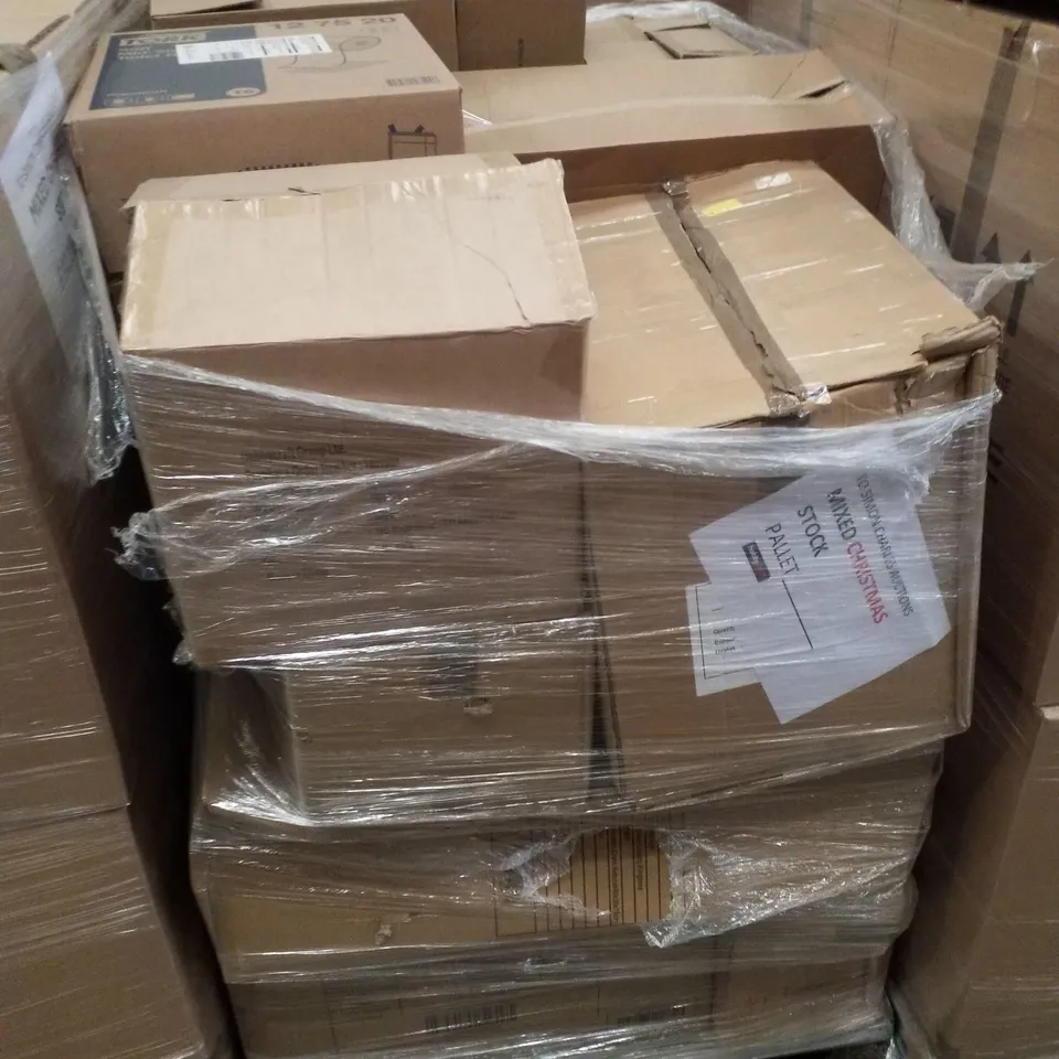 PALLET CONTAINING ASSORTED CHRISTMAS PRODUCTS & DECORATIONS INCLUDING CERAMIC NATIVITY SETS, CLEAR BOTTLES WITH TREES & WOODEN CRATES