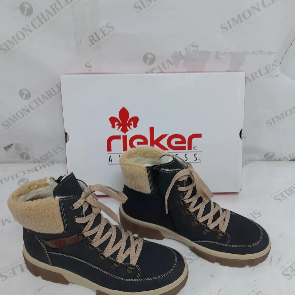 BOXED PAIR OF RIEKER LACE UP CHUNKY BOOTS IN NAVY SIZE 6.5