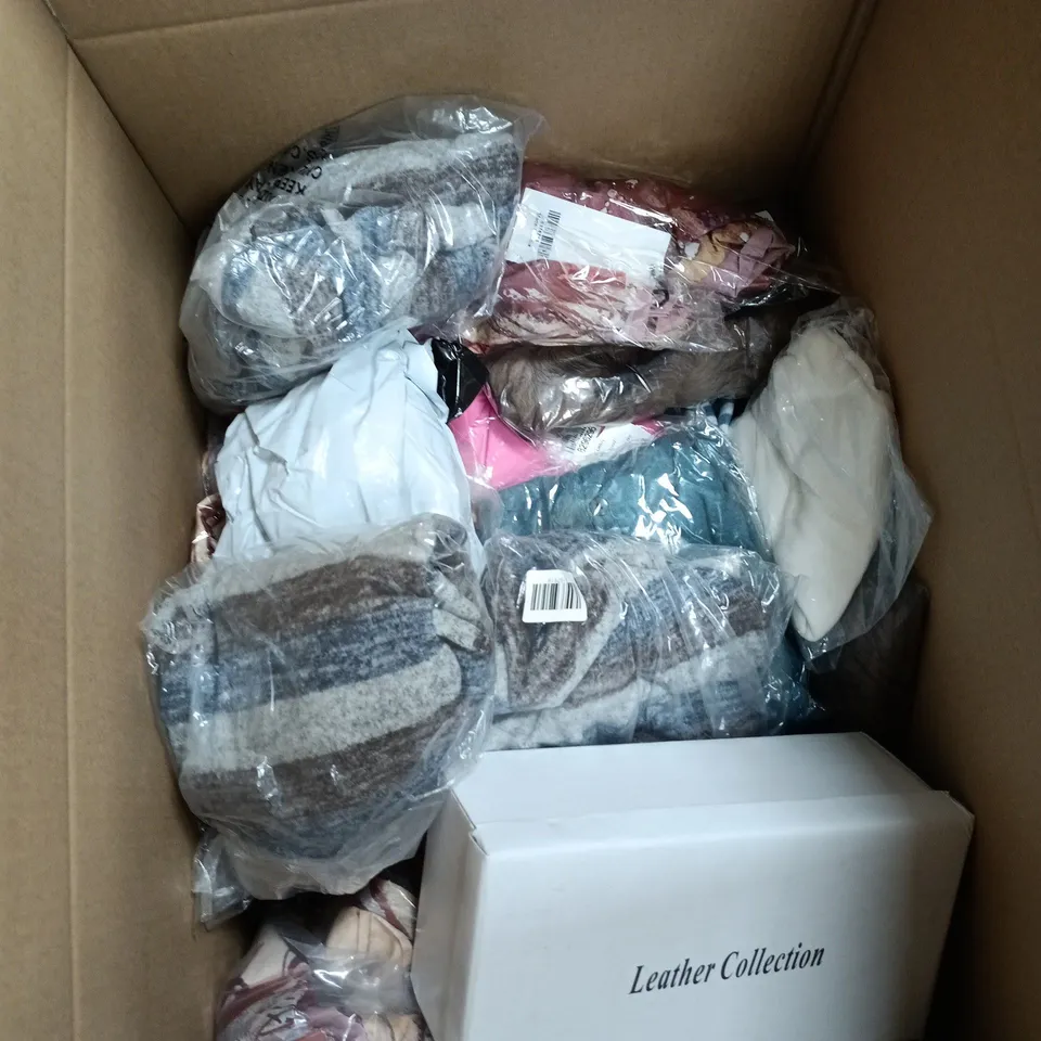 BOX OF APPROXIMATELY 25 ASSORTED CLOTHING ITEMS TO INCLUDE PALM UNDERWEAR, ANAMOR, LEATHER COLLECTION FOOTWEAR ETC