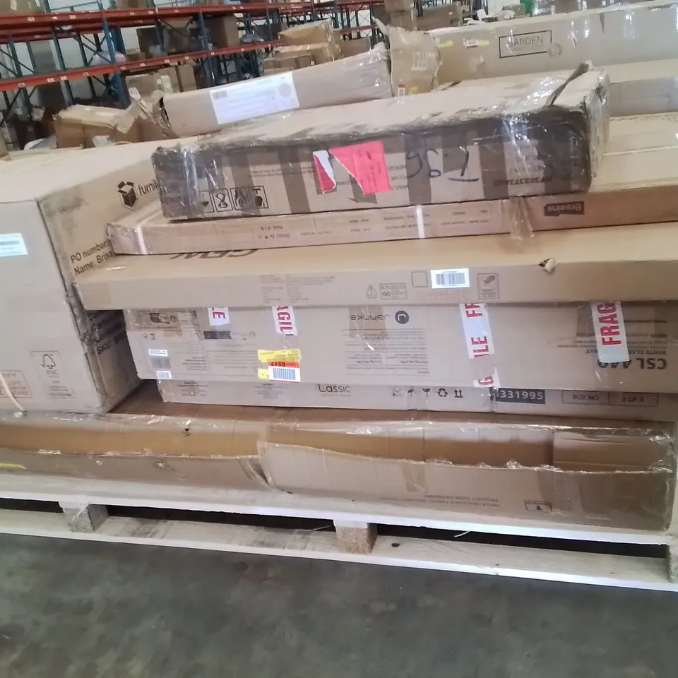 PALLET CONTAINING VARIOUS INCOMPLETE BOXED FURNITURE PARTS AND OTHER HOUSEHOLD ITEMS ETC.