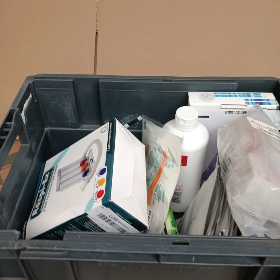 TOTE OF APPROXIMATELY 10 ASSORTED ITEMS INCLUDING RESPI-EX, TEGADERM PAD AND CONTEMPLA HYDROGEN PEROXIDE