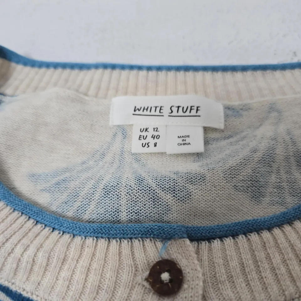 WHITE STUFF WOMEN'S CARDIGAN, CREAM KNIT WITH BLUE FLORAL PRINT, UK 12
