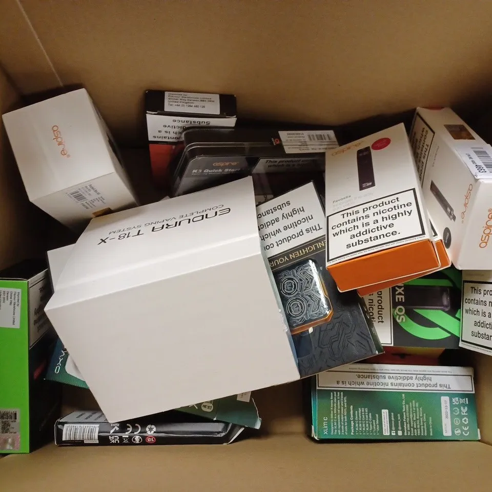 BOX OF APPROX 14 ASSORTED E-CIGARETTES TO INCLUDE -SMOKE NORD 4 POD - UWELL CALIBURN A2 POD SYSTEM - ENDURA T18-X VAPING SYSTEM ECT