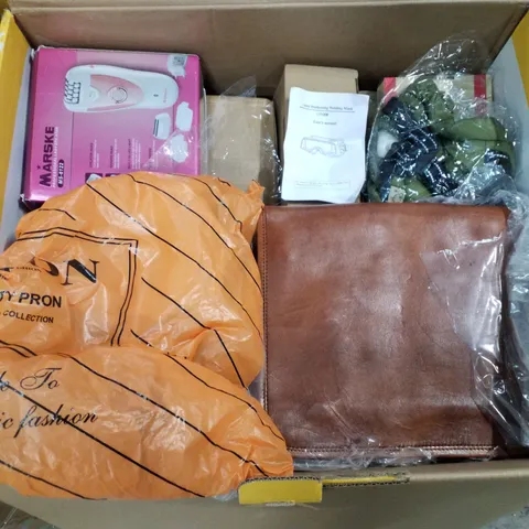 BOX CONTAINING ASSORTED PRODUCTS INCLUDING LADY EPILATOR, AUTO DARKENING WELDING MASK, PCI-E WIFI ADAPTER, SATCHEL BAG