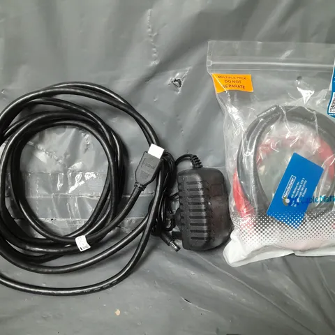 BOX OF APPROXIMATELY 12 ASSORTED ITEMS TO INCLUDE - AC/DC ADAPTER , ETHERNET CABLE , HDMI LEAD ETC