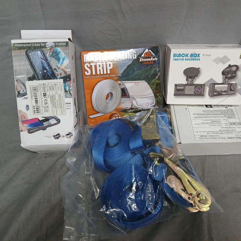 APPROXIMATELY 6 ASSORTED VEHICLE PARTS & ACCESORIES TO INCLUDE MASTIC SEALING STRIP, BLACK BOX, RATCHET STRAPS, ETC