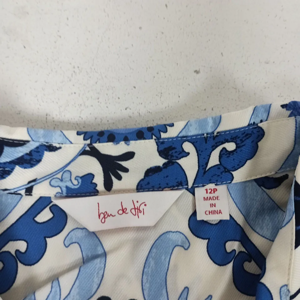BEN DI LISI WOMEN'S BLUE AND WHITE FLORAL PRINT DRESS, UK SIZE 12P, LONG-SLEEVE, BUTTON-DOWN