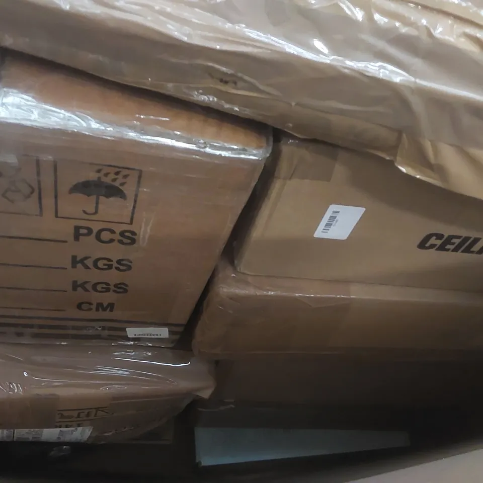 PALLET CONTAINING A LARGE QUANTITY OF ASSORTED ITEMS INCLUDING: DISTILLER, FLOOR FAN, ROUND SIDE TABLE ECT