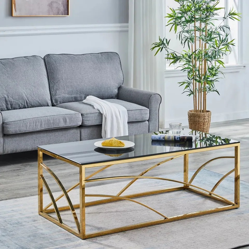 BOXED 120CM GLASS STAINLESS STEEL FRAME COFFEE TABLE WITH TEMPERED GLASS