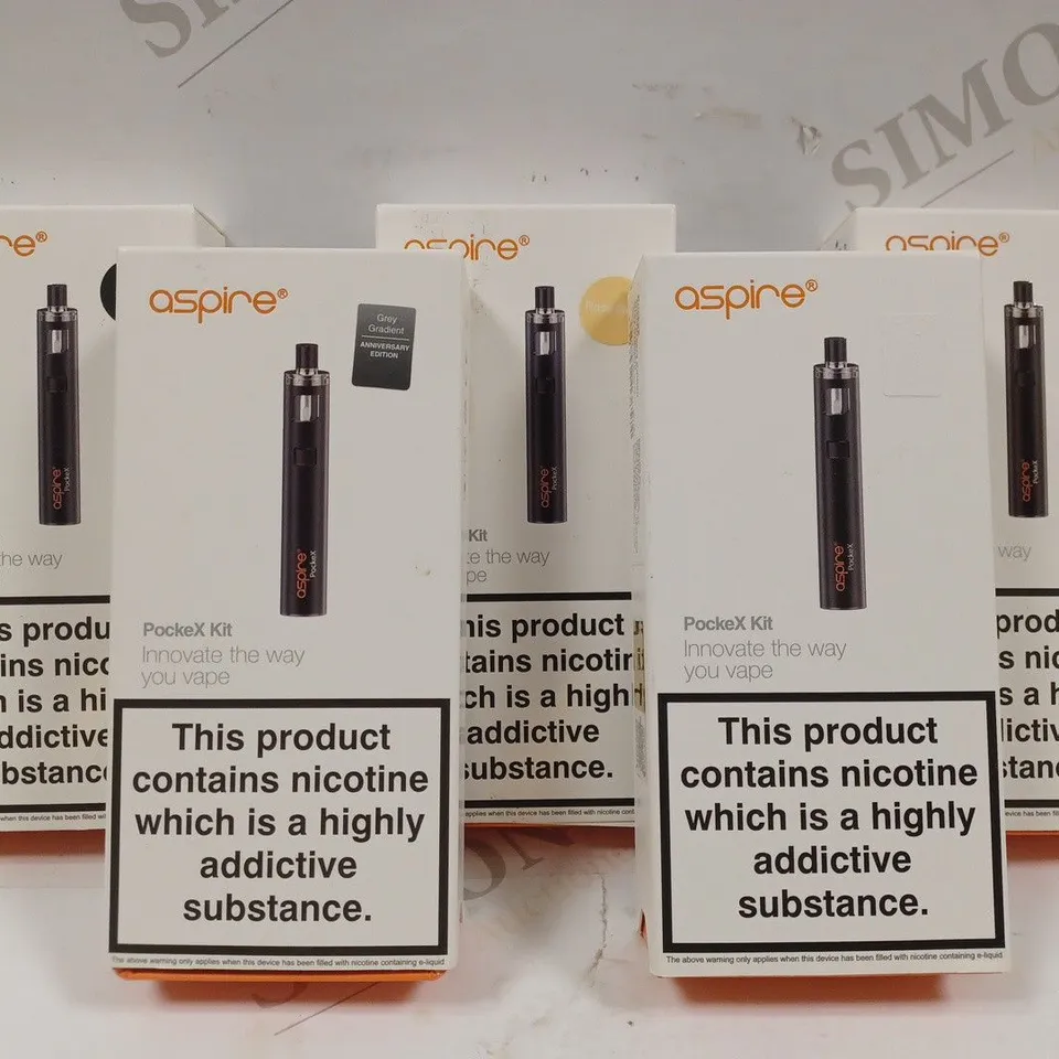 BOX OF 5 ASPIRE POCKEX VAPE KITS IN ASSORTED COLOURS TO INCLUDE BLACK, ROSE GOLD, STAINLESS STEEL, GREY GRADIENT