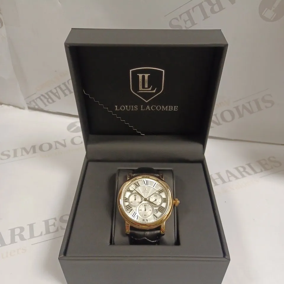 MENS LOUIS LACOMBE CHRONOGRAPH WATCH – MULTI FUNCTION DIAL WITH DATE – ROMAN NUMERAL DIAL – LEATHER STRAP