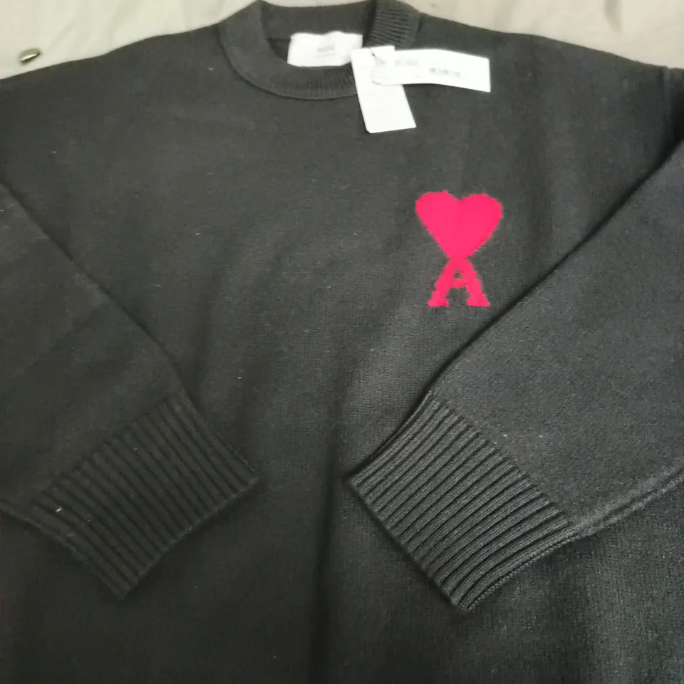 AMI PARIS JUMPER – BLACK WITH RED HEART LOGO, LARGE 