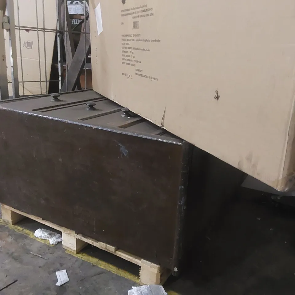 PALLET CONTAINING ANTIQUE TWO OVER FOUR DARK WOOD CHEST OF DRAWERS WITH BUN HANDLES,  BOXED INCOMPLETE GARDEN SOFA PART