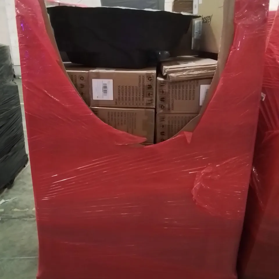 PALLET CONTAINING VARIOUS ASSORTED BOXED HOUSEHOLD ITEMS TO INCLUDE: FISH POND BASE, FIREPIT, KIDS SCOOTERS, BEACH TENTS AND LOTS MORE UNMARKED BOXED ITEMS 