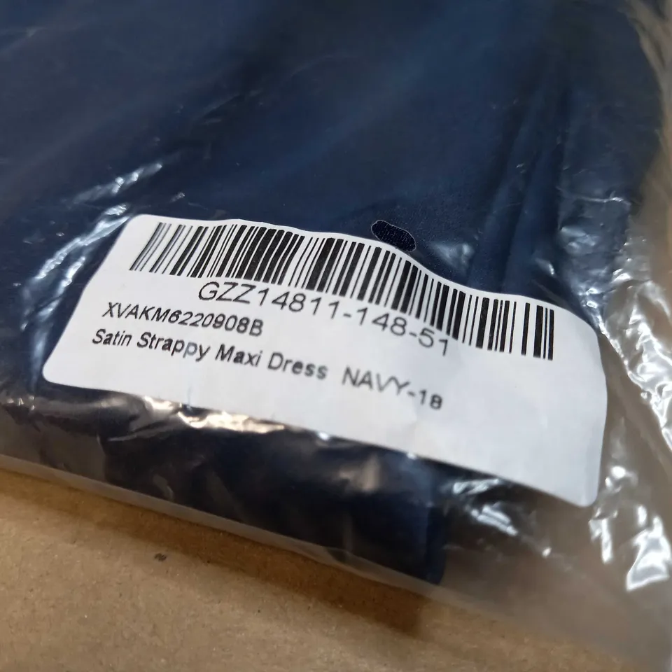 PACKAGED BOOHOO NAVY SATIN STRAPPY MAXI DRESS - SIZE 18
