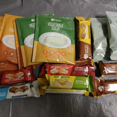 LOT OF APPROXIMATELY 35 ASSORTED SHAKE THAT WEIGHT SNACKS TO INCLUDE SOUPS AND SNACK BARS