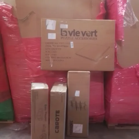 PALLET OF ASSORTED HOUSEHOLD GOODS AND FURNITURE TO INCLUDE; HOMIDEC RACK, BABY PLAY PEN, LA VIEVERT PUZZLE ACCESSORIES ETC