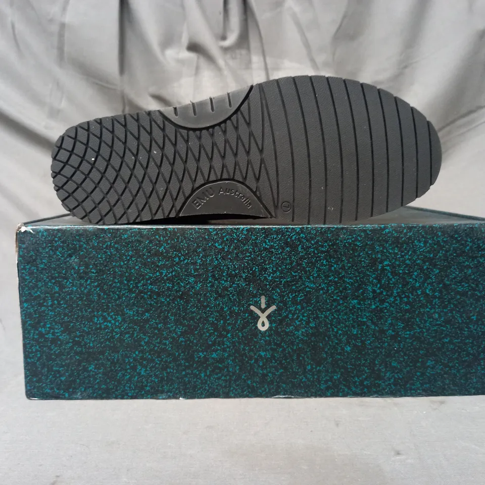BOXED PAIR OF EMU AUSTRALIA SUEDE ANKLE BOOTS IN DARK GREY SIZE 5