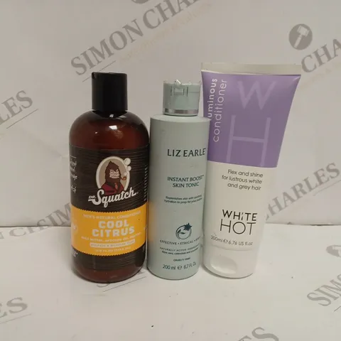 APPROXIMATELY 10 ASSORTED HEALTH AND BEAUTY PRODUCTS TO INCLUDE LIZ EARLE INSTANT BOOST SKIN TONIC, WHITE HOT LUMINOUS CONDITIONER, DR SQUATCH COOL CITRUS CONDITIONER