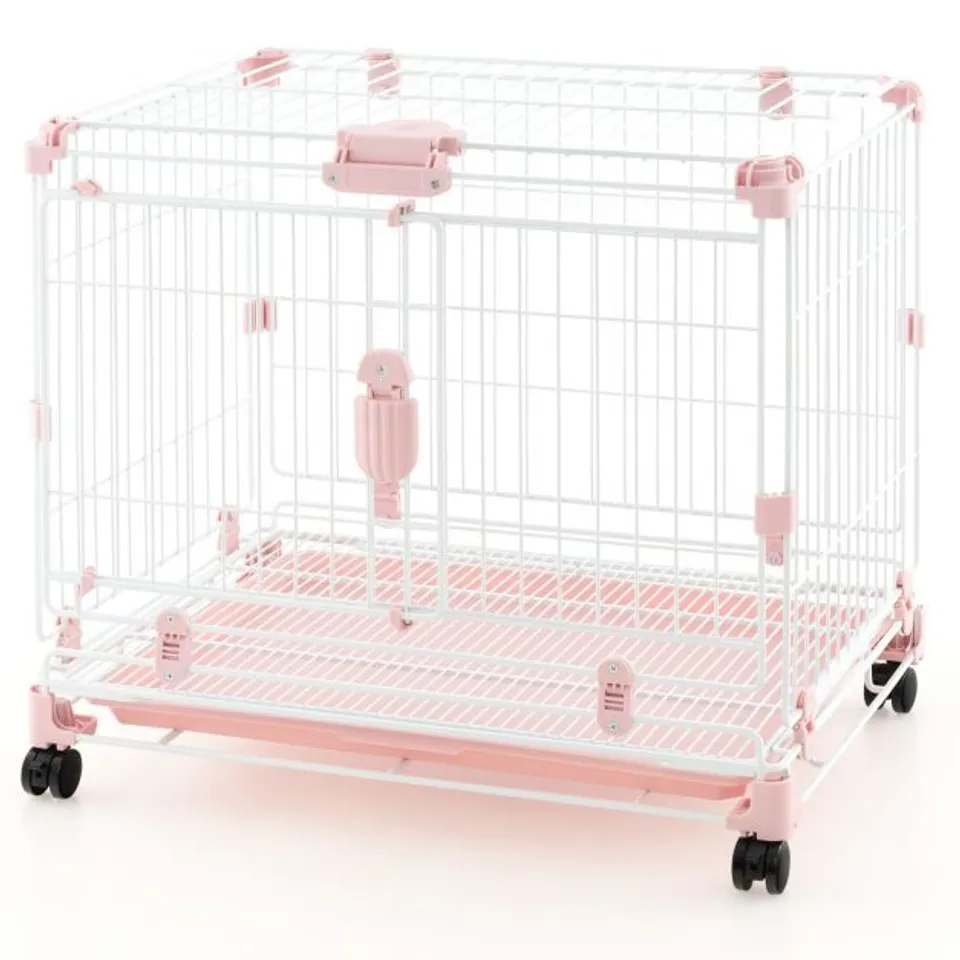 BOXED COSTWAY FOLDING DOG KENNEL WITH DOUBLE LOCKABLE DOOR AND WHEELS - PINK/WHITE