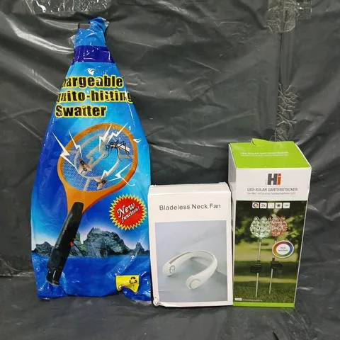 APPROXIMATELY 15 HOUSEHOLD ITEMS TO INCLUDE RECHARGEABLE MOSQUITO SWATTER, BLADELESS NECK FAN AND GARDEN STAKES