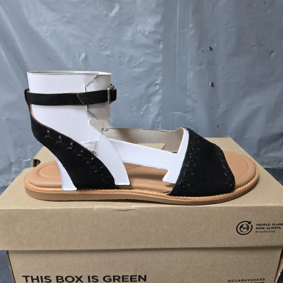 BOXED PAIR OF CLARKS MARITIME MAY SANDALS IN BLACK SUEDE - UK 6.5