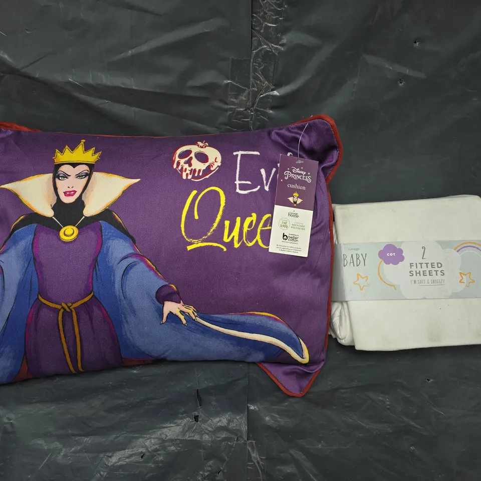 BOX OF APROX 10 ASSORTED ITEMS TO INCLUDE DISNEY CUSHION AND BABY FITTED SHEETS - COLLECTION ONLY 