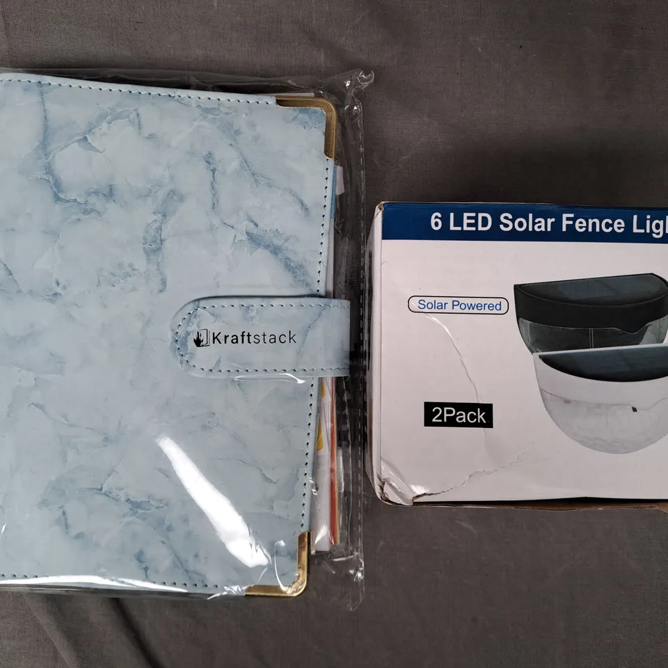 BOX OF APPROXIMATELY 20 ASSORTED HOUSEHOLD ITEMS TO INCLUDE KRAFTSTACK BUDGET BINDER, 6 LED SOLAR FENCE LIGHT, ETC