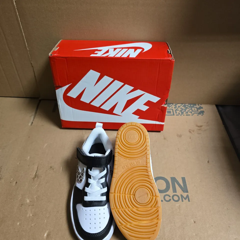 NIKE TODDLER SNEAKERS – WHITE/BLACK WITH LEOPARD PRINT SWOOSH - BOXED - UK SIZE CHILDRENS 10 