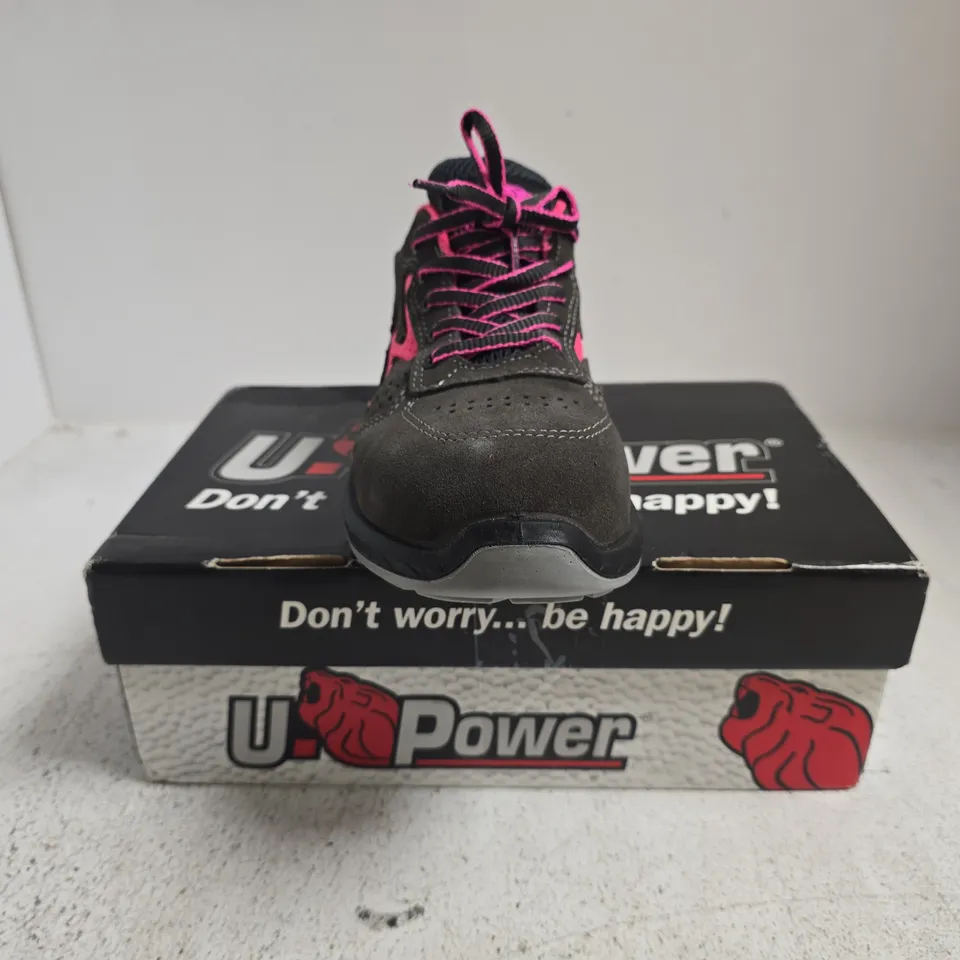 BOXED PAIR OF U.POWER SAFETY TRAINERS IN DEEP BROWN/PINK SIZE UK 5