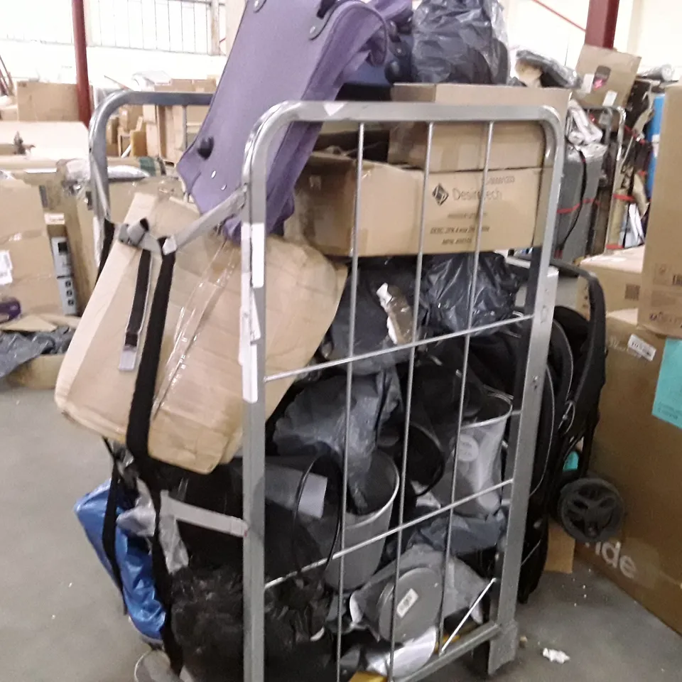 CAGE TO CONTAIN AN ASSORTMENT OF HOUSEHOLD ITEMS TO INCLUDE METAL BINS, SOFT SHELL LUGGAGE CASES PLUG EXTENSION ECT
