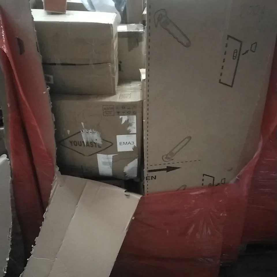 PALLET OF ASSORTED HOUSEHOLD GOODS AND PRODUCTS TO INCLUDE; AIR COOLER, LAMP SHADE, BOXED FURNITURE ETC