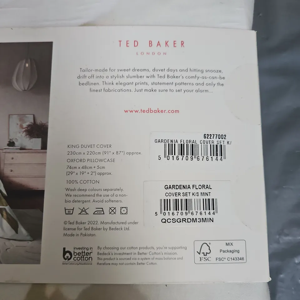TED BAKER LONDON GARDENIA FLORAL KING DUVET COVER SET – MINT (2 OXFORD PILLOWCASES)