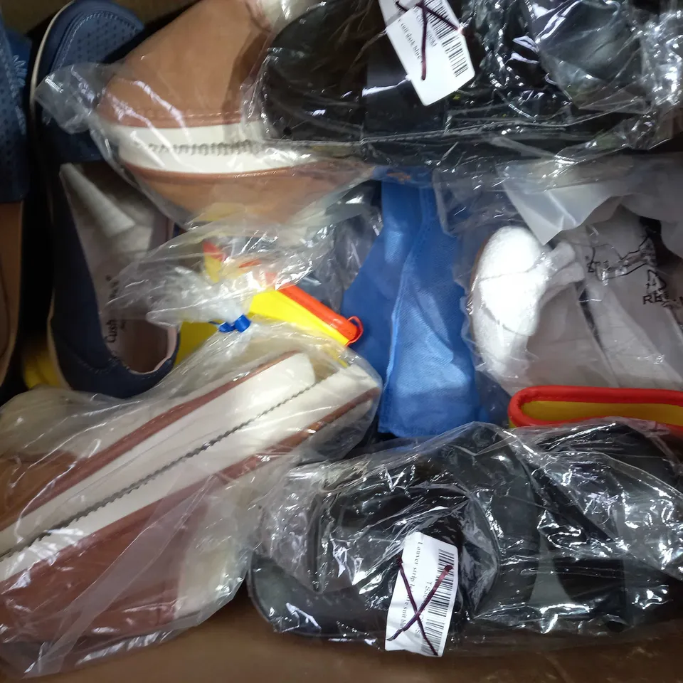 BOX OF APPROXIMATELY 15 ASSORTED PAIR OF SHOES AND FOOTWEAR ITEMS IN VARIOUS STYLES AND SIZES TO INCLUDE ASRA, MONSOON, SKECHERS, ETC