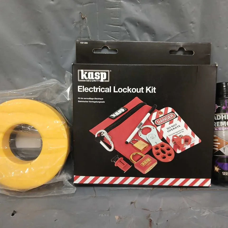 APPROXIMATELY 10 ASSORTED HOUSEHOLD ITEMS TO INCLUDE ELECTRICAL LOCK OUT KIT, ADHESIVE REMOVER, ETC