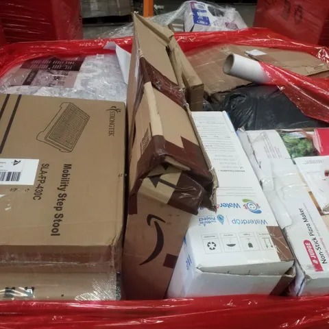 PALLET CONTAINING ASSORTED PRODUCTS INCLUDING MOBILITY STEP STOOL, NON-STICK PIZZA MAKER, WATER PURIFIER, RUG & BAMBOO FRAME LETTER CATCHER