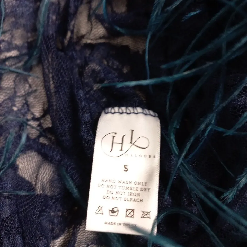 HALDOURE LACE & FEATHER TRIM BODYSUIT, COLOUR NAVY, SIZE S