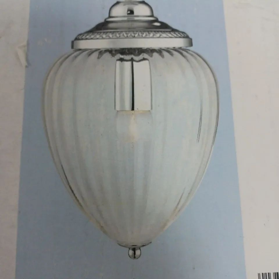 BOXED SEARCHLIGHT 1 LIGHT CEILING PENDANT CHROME WITH RIBBED GLASS SHADE
