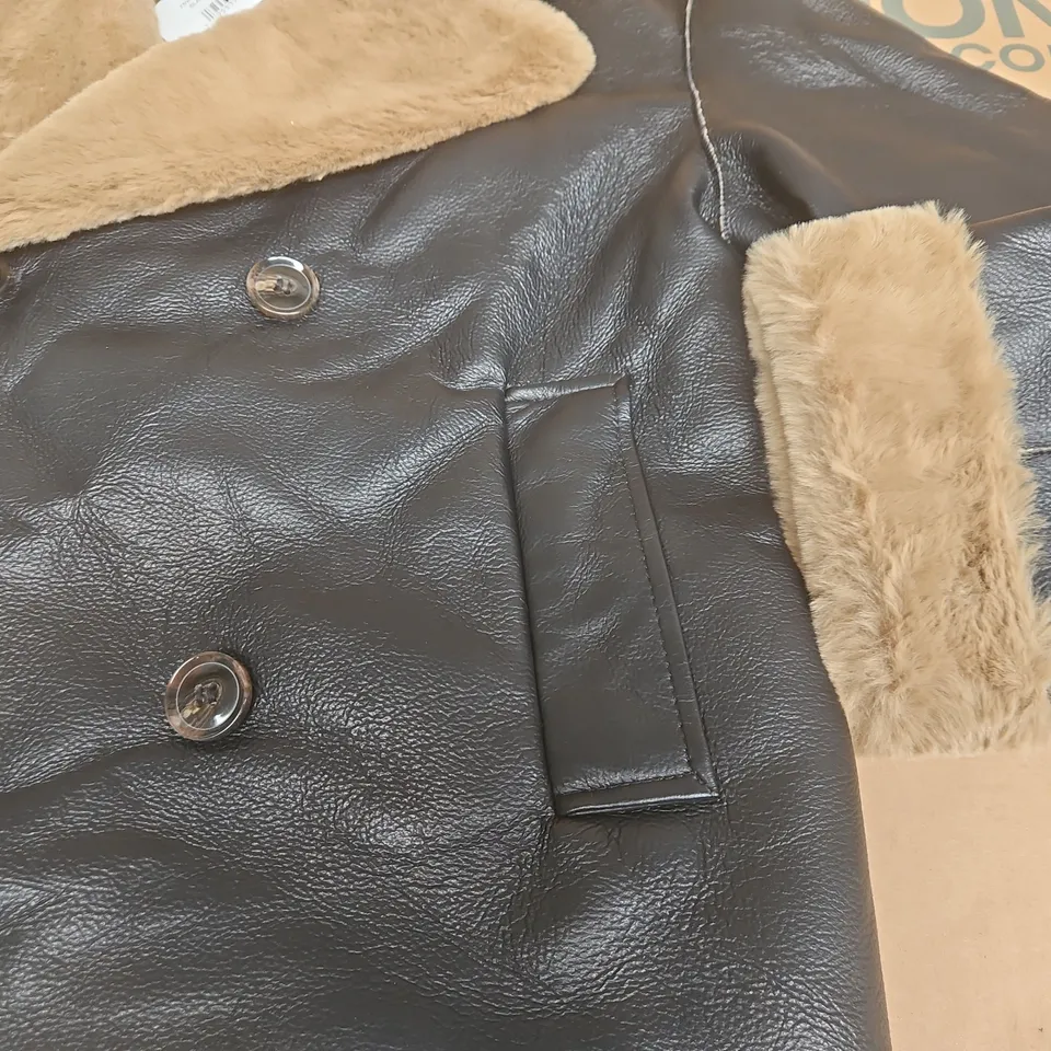 FRENCH CONNECTION LEATHE REFFECT JACKE TWITH FUR TRIM IN BLACK & TOBACCO