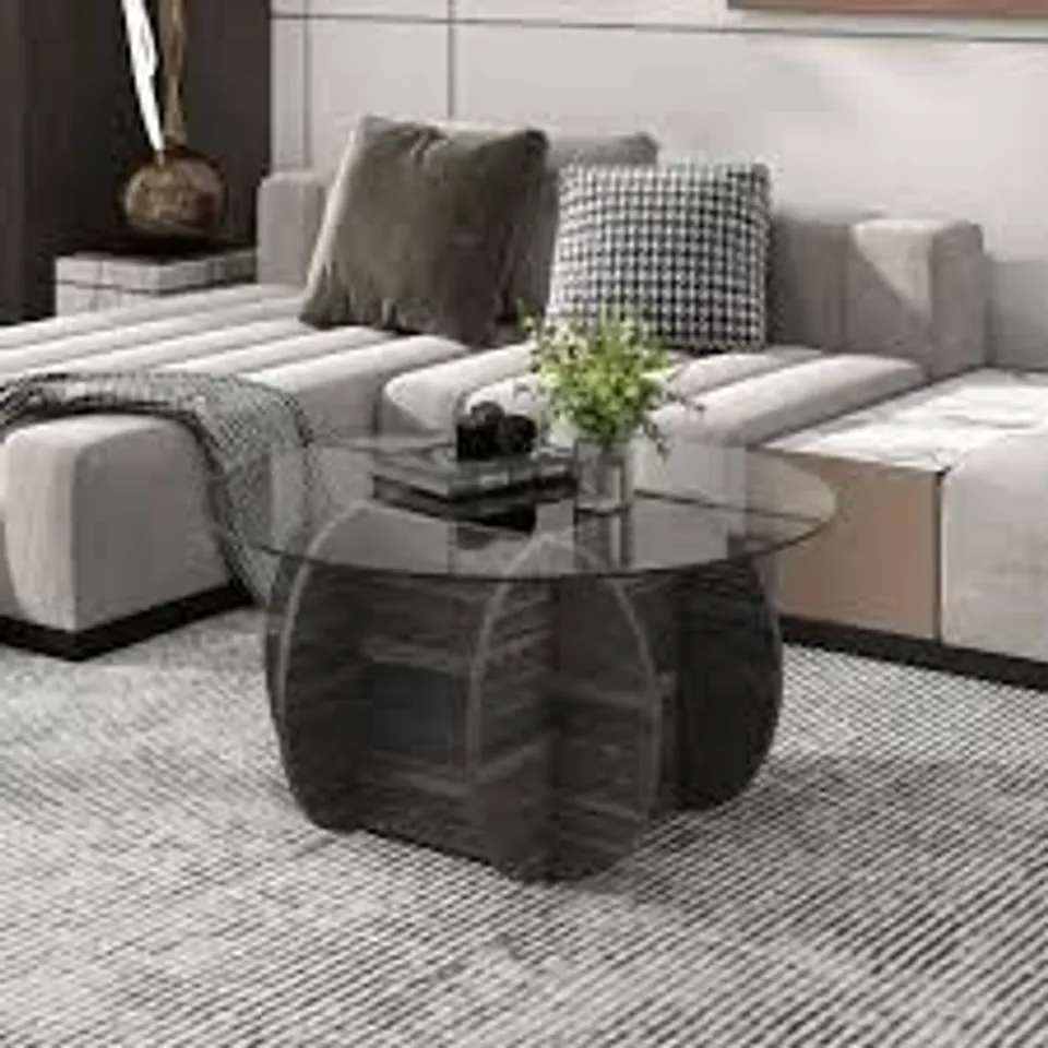 BOXED 89CM ROUND COFFEE TABLE MODERN ACCENT TABLE WITH TEMPERED GLASS TOP-BLACK
