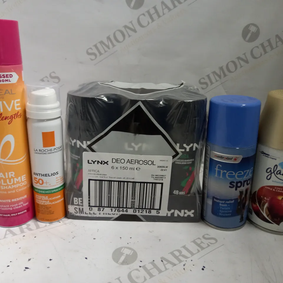 BOX OF APPROX 15 ASSORTED AEROSOLS INCLUDING LYNX AFRICA, LOREAL ELVIVE DREAM LENGTH AND LA ROCHE POSAY ANTHELIOS - COLLECTION ONLY