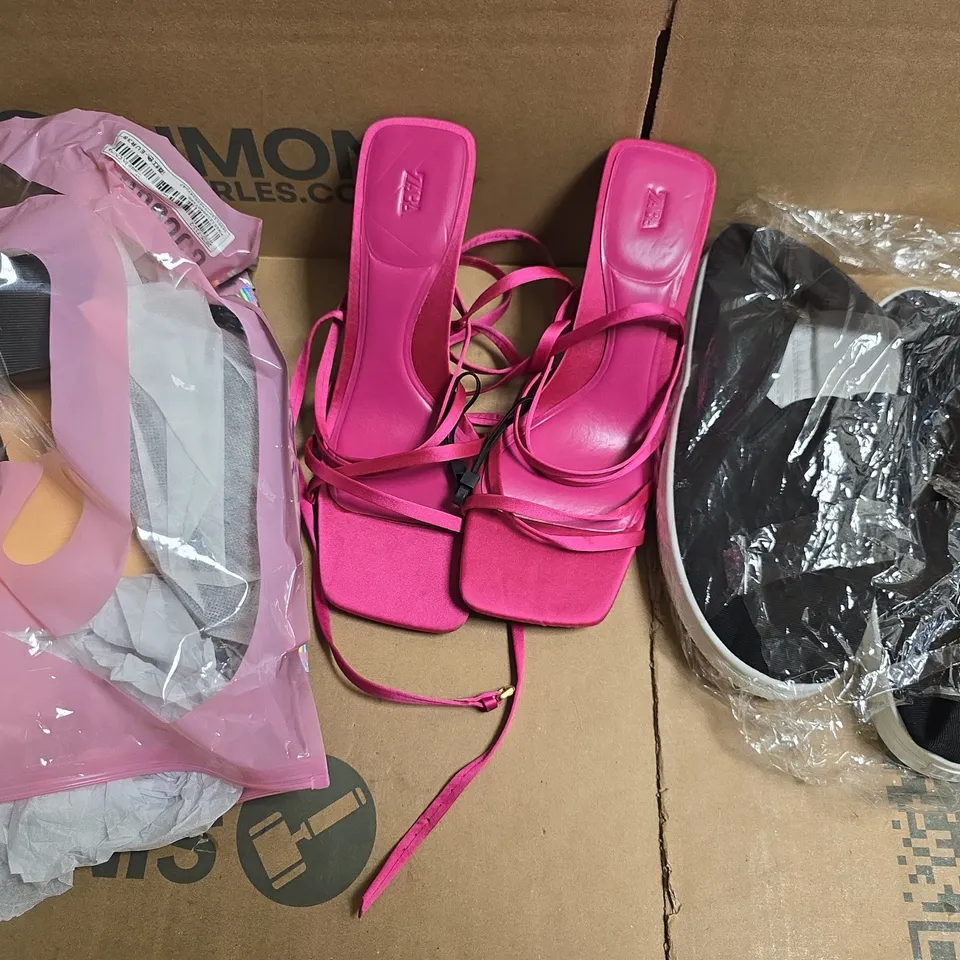 BOX OF APPROXIMATELY 15 ASSORTED PAIRS OF SHOES AND FOOTWEAR ITEMS IN VARIOUS COLOURS, STYLES, AND SIZES - COLLECTION ONLY