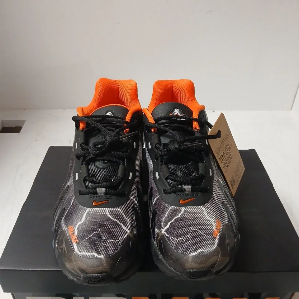 BOXED PAIR OF NIKE AIR MAX X PALACE DN8 SP SNEAKERS – BLACK/ORANGE, UK 8