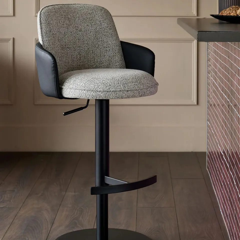 BOXED DANETTI WREN GREY FABRIC AND BLACK FAUX LEATHER GAS LIFT BAR STOOL