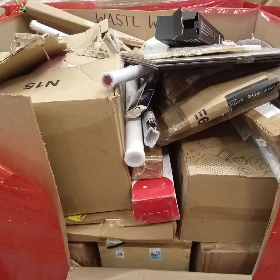PALLET OF ASSORTED HOUSEHOLD GOODS AND PRODUCTS TO INCLUDE; SUITCASE, CHAIR MAT, BOXED FURNITURE ETC